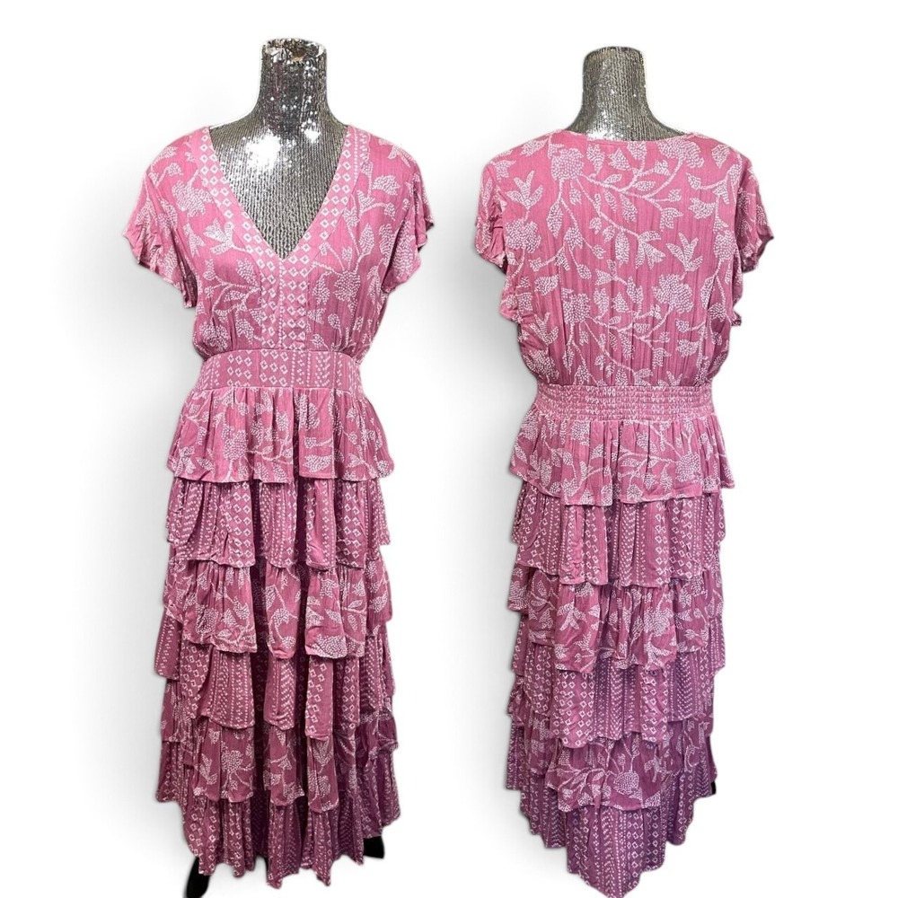 J Gee Pink Floral Tiered Ruffle Maxi Dress V-Neck Smocked Waist 1X